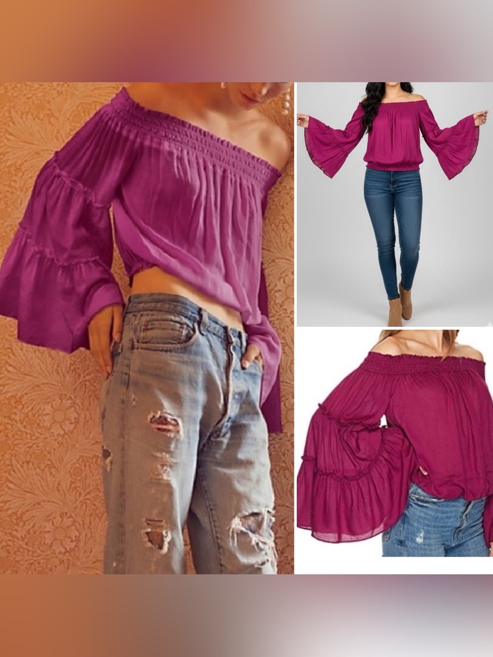 Free People Free Spirit Off The Shoulder Bell Sleeve Blouse Fuchsia Women's XS